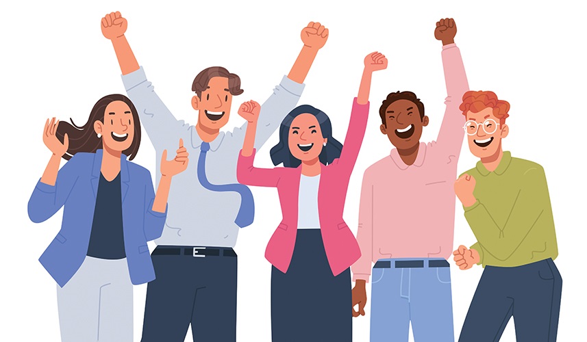 An illustration of a group of people cheering, illustrating customer satisfaction for systems integrators