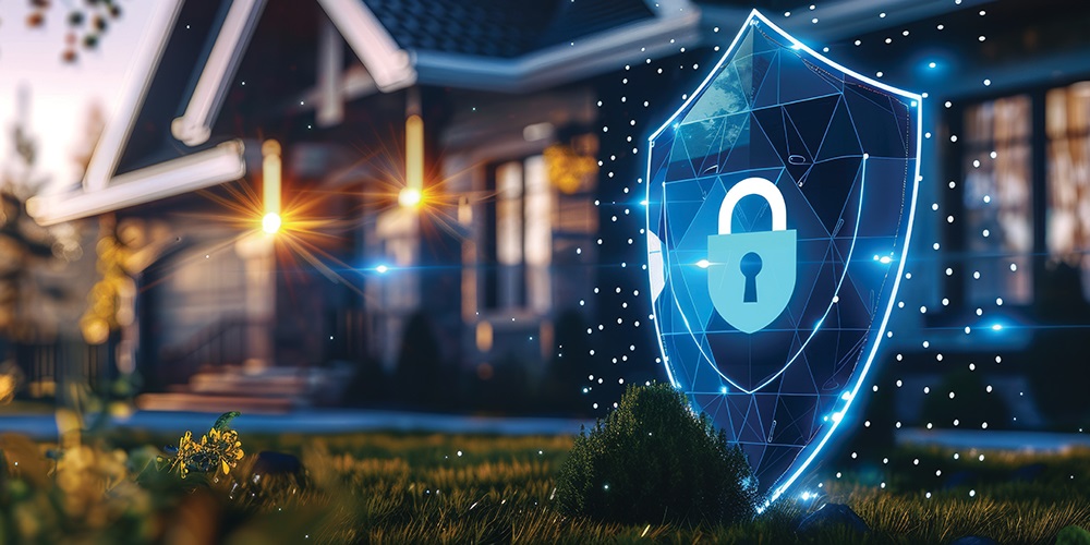 A cybersecurity symbol overlays a home, illustrating the importance of cybersecurity measures for residential buildings