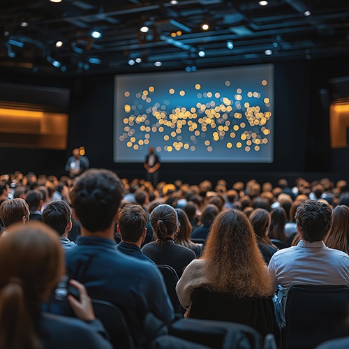 An audience sits watching a speaker on a stage, which is one example of the "places of assembly" defined in the 2023 NEC