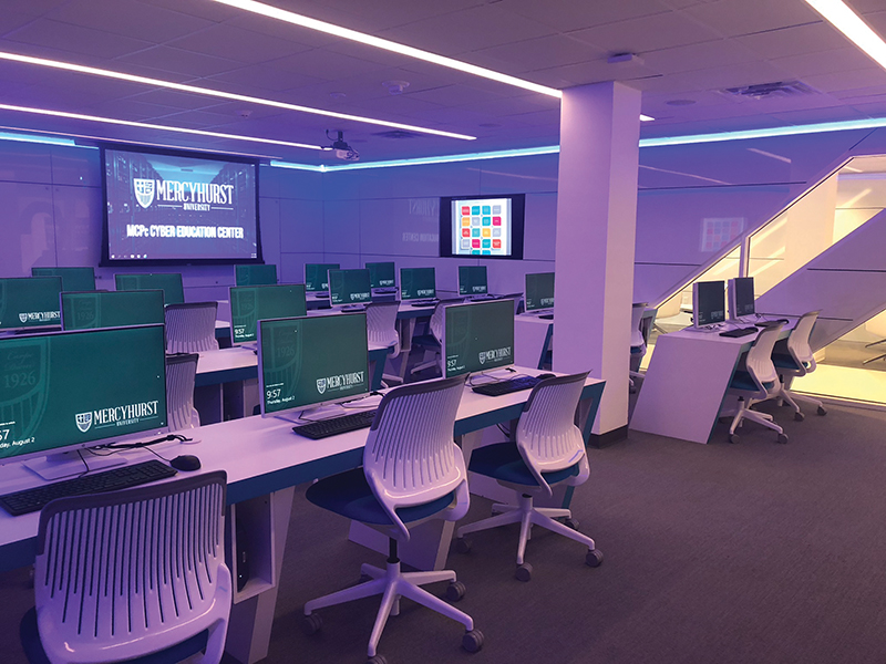 State-of-the-art fiber optic technology supports the cybersecurity lab at Mercyhurst University. Photo by Dagostino Electronic Services Inc.