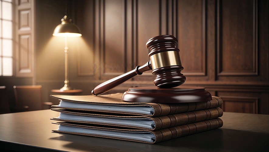 A gavel sits atop leather portfolios, illustrating the importance of understanding the law when it comes to suing the bonding company for payment on federal contract work.