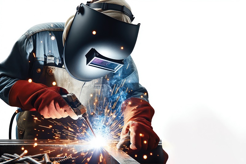 A person in protective gear using an arc welder. The answer to whether welding equipment requires GFCI protection can be found inNEC Articles 210 and 630.