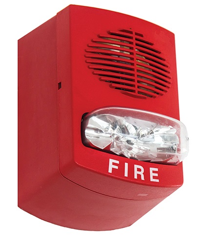 A modern fire alarm notification appliance with both audible and strobe (visual) notification abilities.