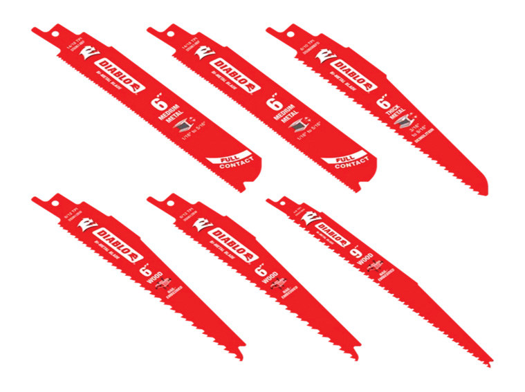 Diablo Tools’ six-piece bimetal reciprocating saw blade set for wood and metal demolition