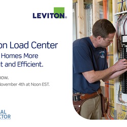 A man working on a panelboard. Text reads: Leviton Load Center: Making Homes More Resilient and Efficient. Find out how. Join us on November 4th at Noon EST.