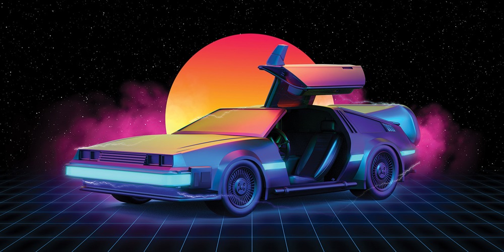 Delorian with an open door, set against a setting sun | Shutterstock / Thiago Melo