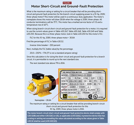 Diagram showing a 10-hp, 208V, three-phase motor and nameplate details used to calculate short-circuit and ground-fault protection per NEC Table 430.52; includes FLC and 80A circuit breaker sizing example.