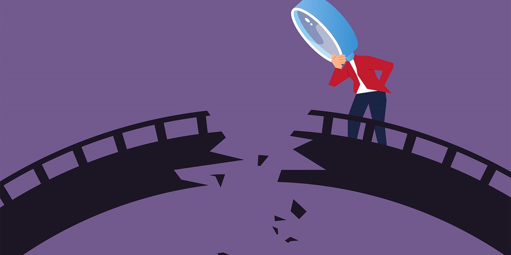 Illustration: a man with a magnifying glass for a face looks down at a broken bridge
