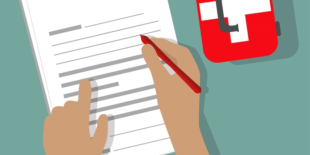 Illustration of a person's hands & arms filling out a form, next to a first-aid kit | Shutterstock / Pixsooz