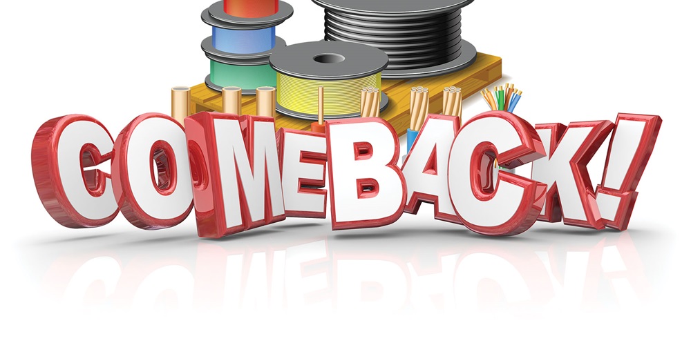 The word COMEBACK in front of spools of wire, illustrating how copper-clad aluminum is the comeback kid in electrical wiring