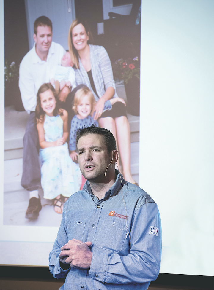 Brandon Schroeder tells his story of surviving an arc flash to a variety of groups, including Alabama Power, East Kentucky Power and the Wisconsin NECA/IBEW. PHOTO COURTESY TIM WEBB.
