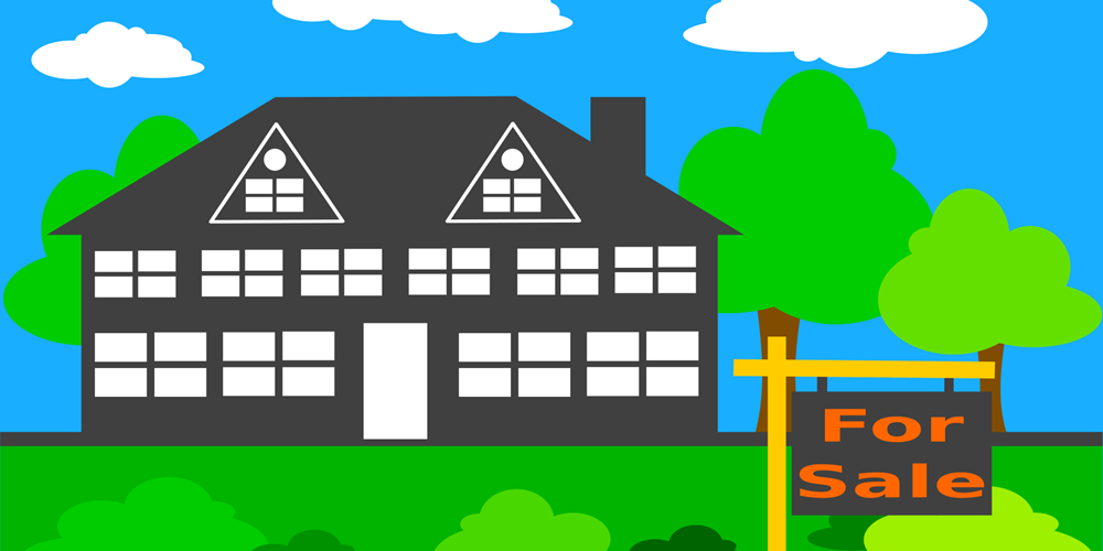 Bright-colored graphic showing a house surrounded by lawn, shrubs, and trees out front and trees, with a "For Sale" sign out front
