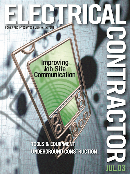 Electrical Contractor cover reading Improving Job Site Communication with an image of a metal and translucent artwork.