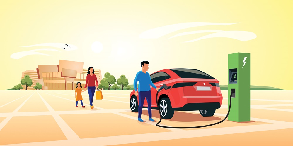 An illustration of a man charging his electric vehicle in a parking lot, with his family walking toward him