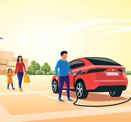 An illustration of a man charging his electric vehicle in a parking lot, with his family walking toward him