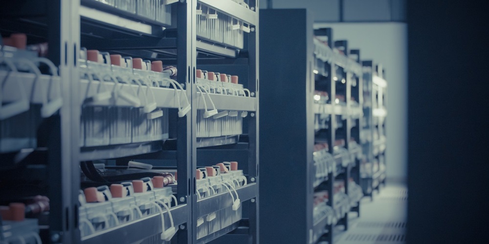 Shelves lined with many large batteries