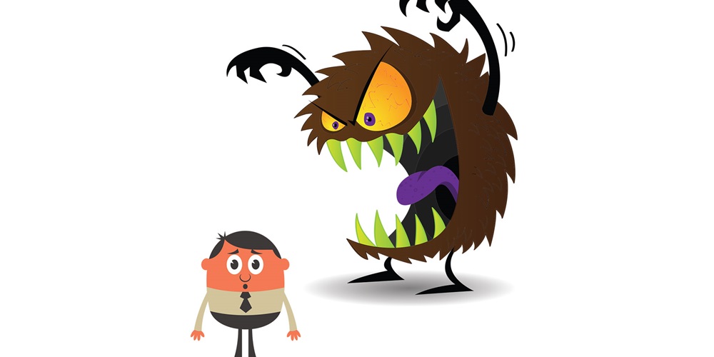 Cartoon of a brown, fuzzy monster baring its teeth and looming over a frightened man. Shutterstock / Malchev / SCC.Comics