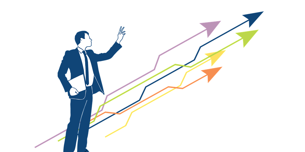 A man looks at a series of arrows pointing upwards