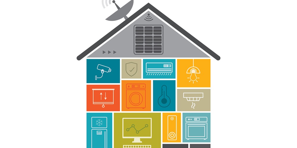 Illustration: a house made of icons featuring technology for the home like lights, security cameras, a fridge, etc.