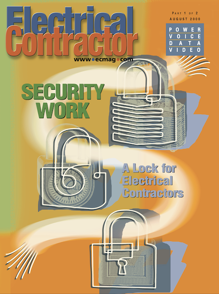 Electrical Contractor cover reading Security Work, A Lock for Electrical Contractors, with an illustration of locks connected by a cord on an orange and green background.