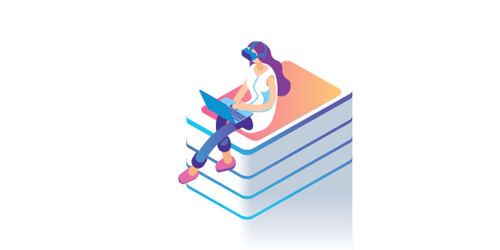 Illustration: Girl with VR goggles works at a laptop.