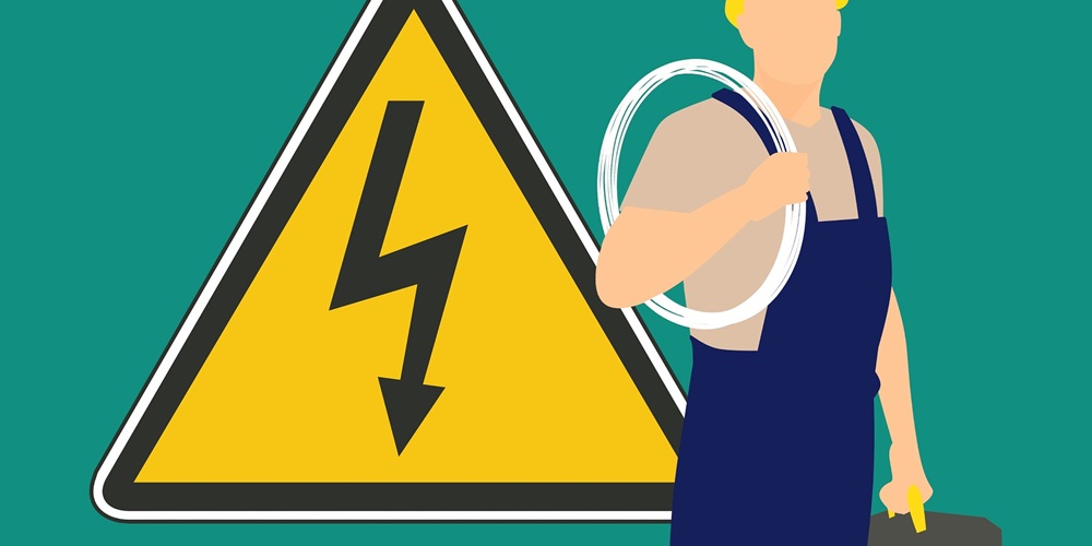 Illustration of an electrician standing beside a high-voltage warning sign.