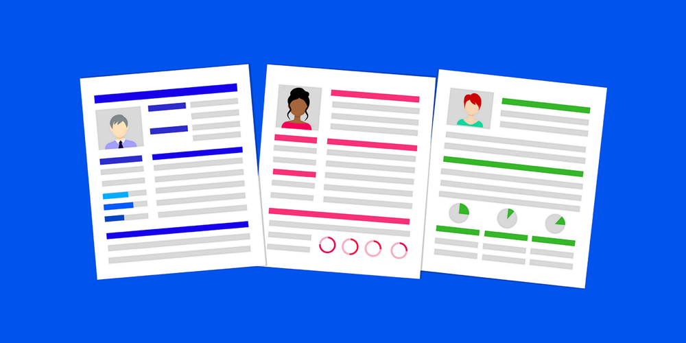 Illustration of 3 resumes against a plain blue background
