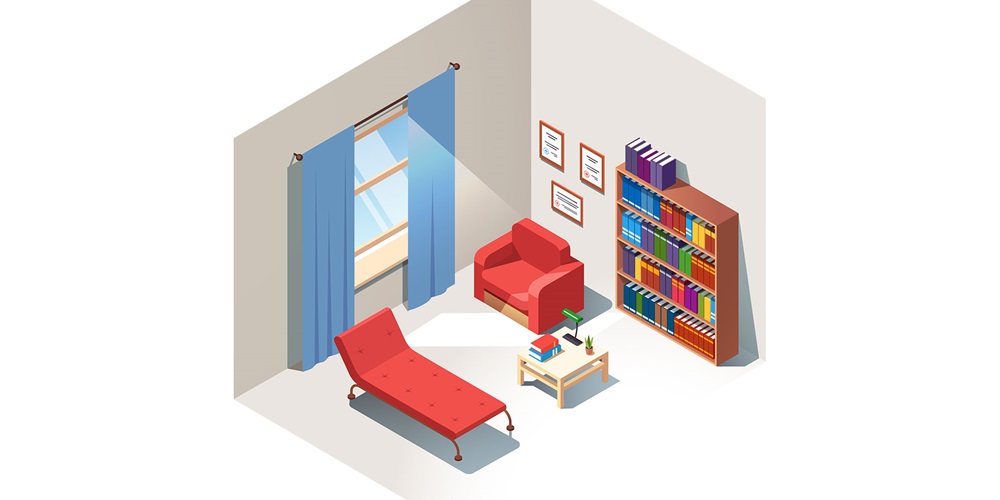 Illustration of a psychiatrist's office with a red chair, red setee, bookshelf, and a window with blue curtains