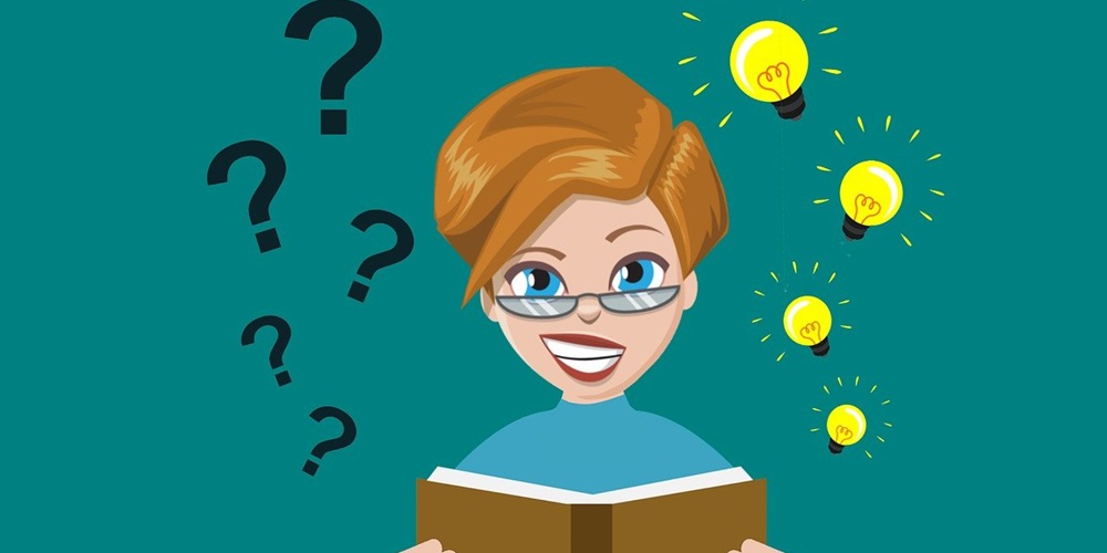 A woman holding a book, with her head surrounded by question marks and lightbulbs