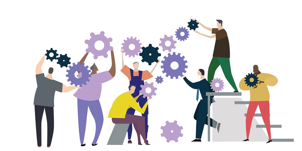 Illustration of several people holding various cogs together. Image by Shutterstock / Iconic Bestiary.