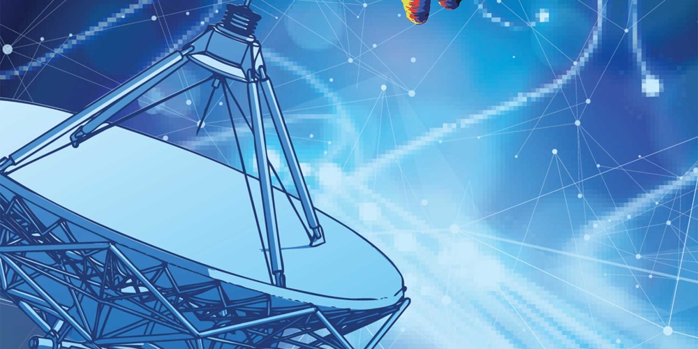 Illustration of a multi-colored astronaut floating above a satellite.