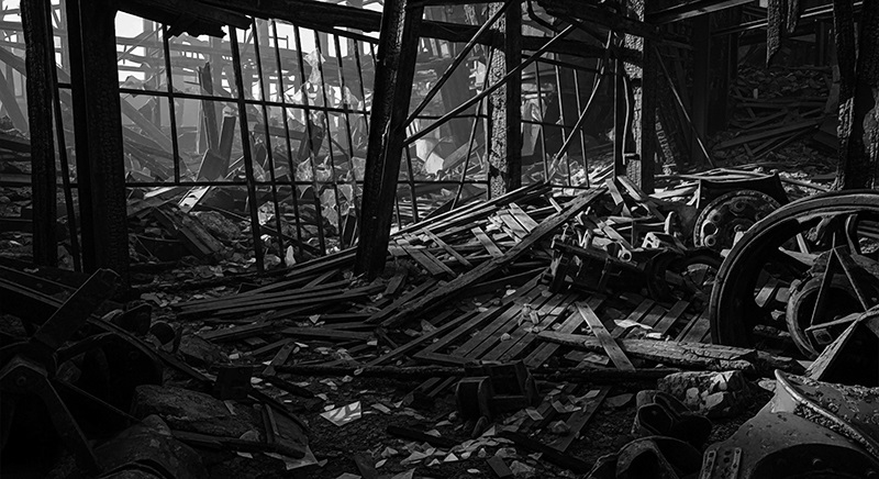 charred building remains