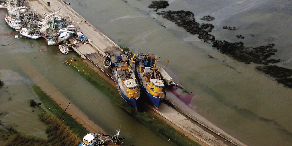 NOAA aerial image of south Plaquemines Parish, La., near Empire, Buras and Boothville where Hurricane Katrina made landfall on Aug. 29, 2005, at approximately 7:10 a.m.