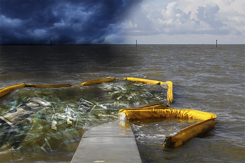 Oil booms in the Gulf Coast contain the BP Deepwater Horizon oil spill, overlaid by images of storm clouds and money floating away