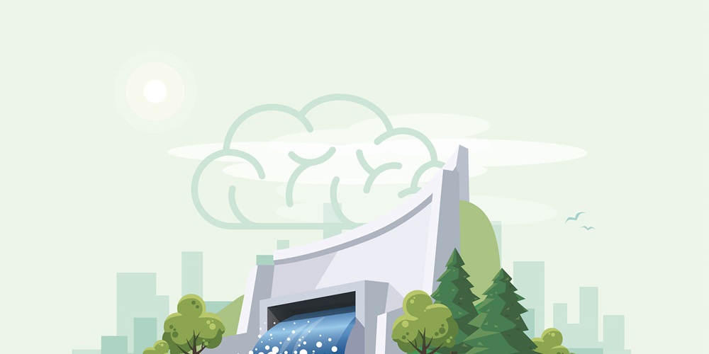 Illustration of a dam, surrounded on each side by trees and grass | iStock / Petovarga / Pop_Jop