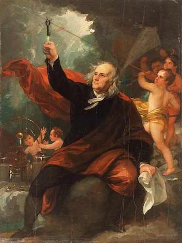 The Philadelphia Museum of Art houses this famous portrait of Franklin conducting his kite experiment. It was created in 1816 by American artist Benjamin West. Download authorized by The Philadelphia Museum of Art website.