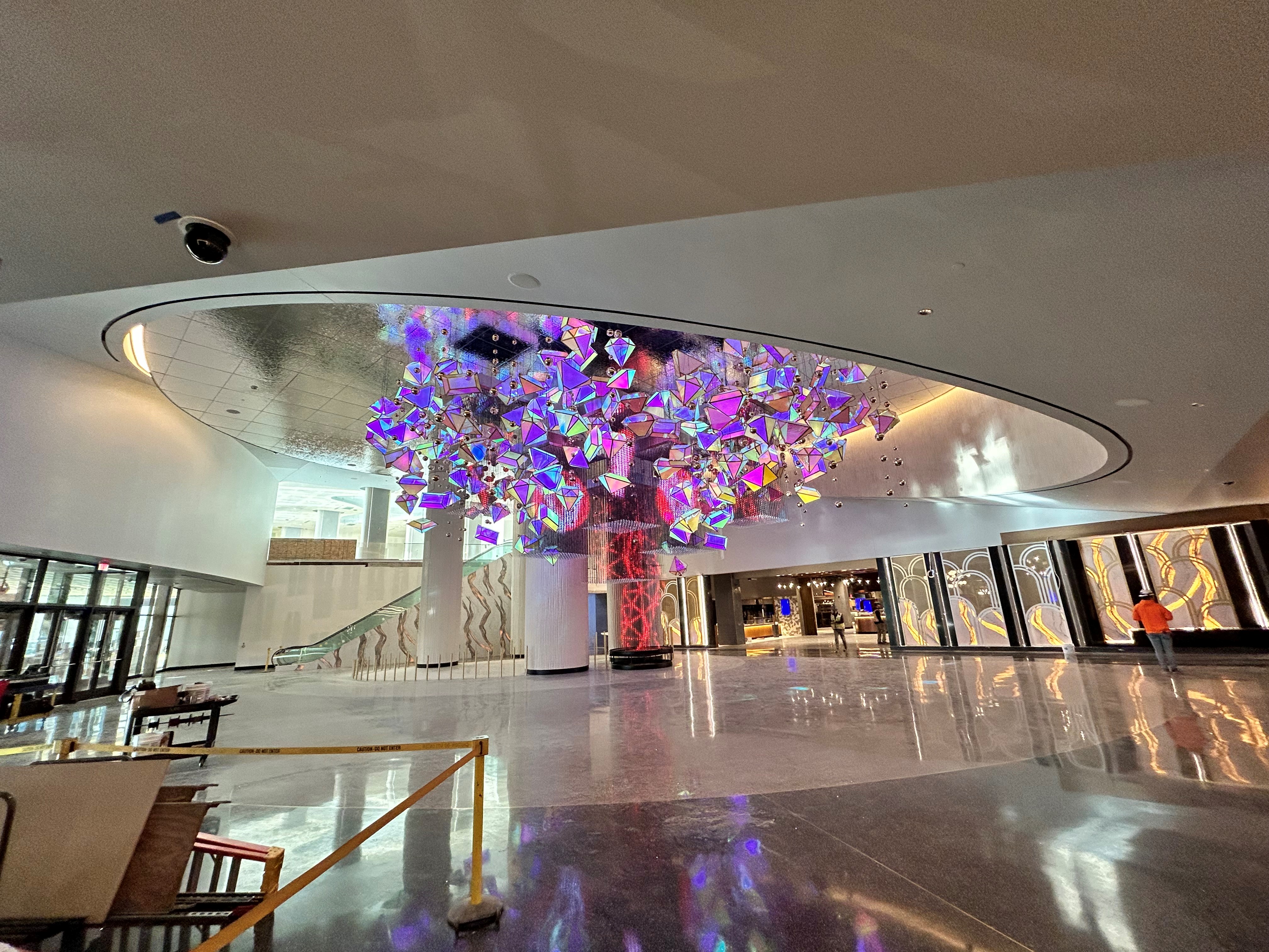 Artistic lighting installation in the lobby of Wind Creek Casino