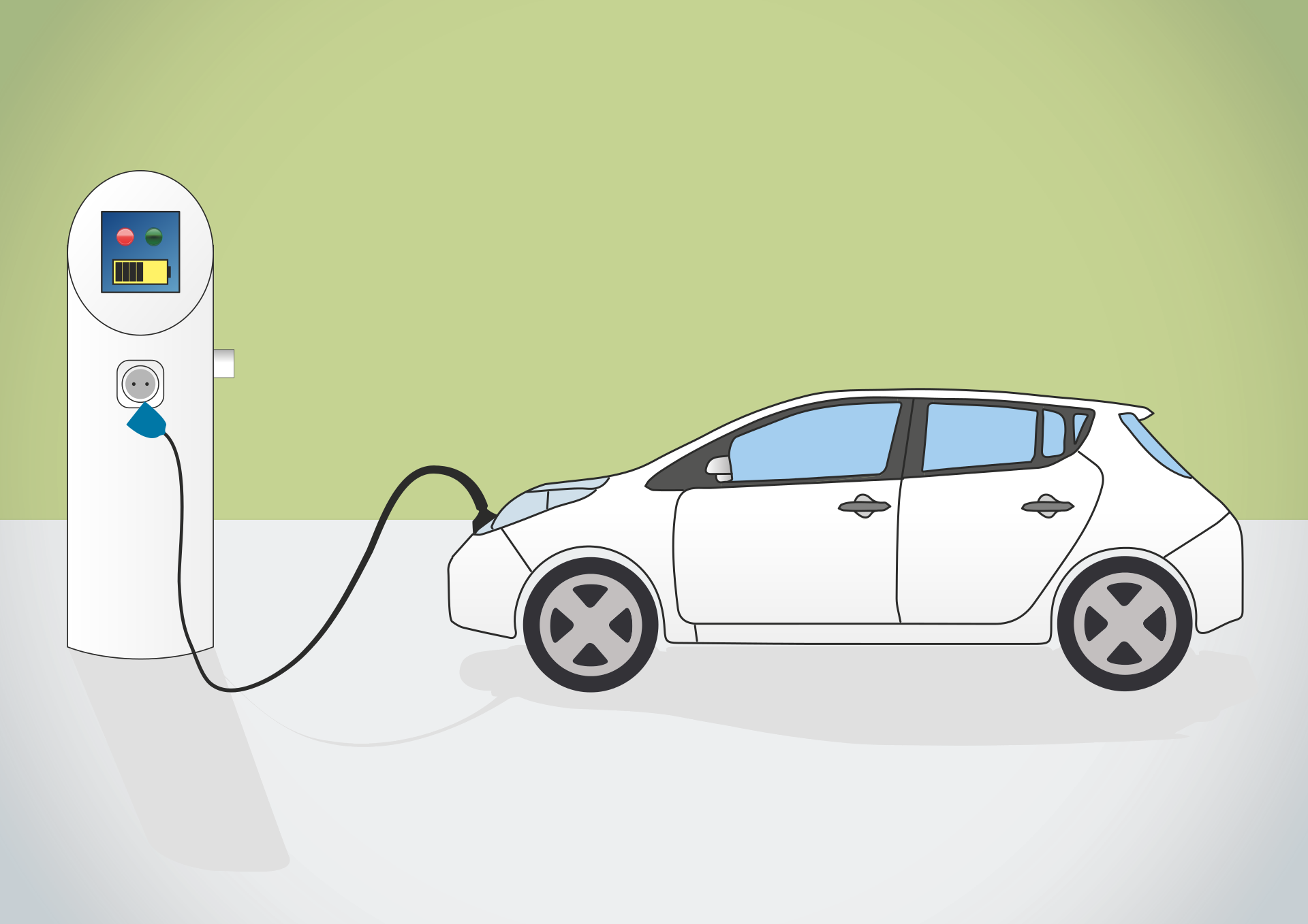 Electric car plugged in to charging station against a plain green background