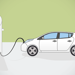 Electric car plugged in to charging station against a plain green background