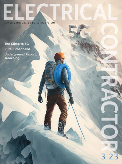Electrical Contractor March 2023 cover. A man climbs a snowy mountain towards a summit of "5G"