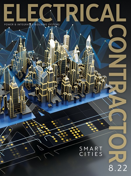 Frame drawing of a connected city. Cover of Electrical Contractor August 2022 issues, Smart Cities.