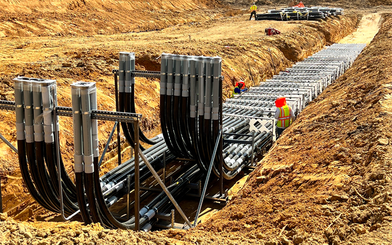 The elbows of fiberglass conduit, such as those pictured, offer superior mechanical strength that withstands high-tension cable pulls without burn-through. 