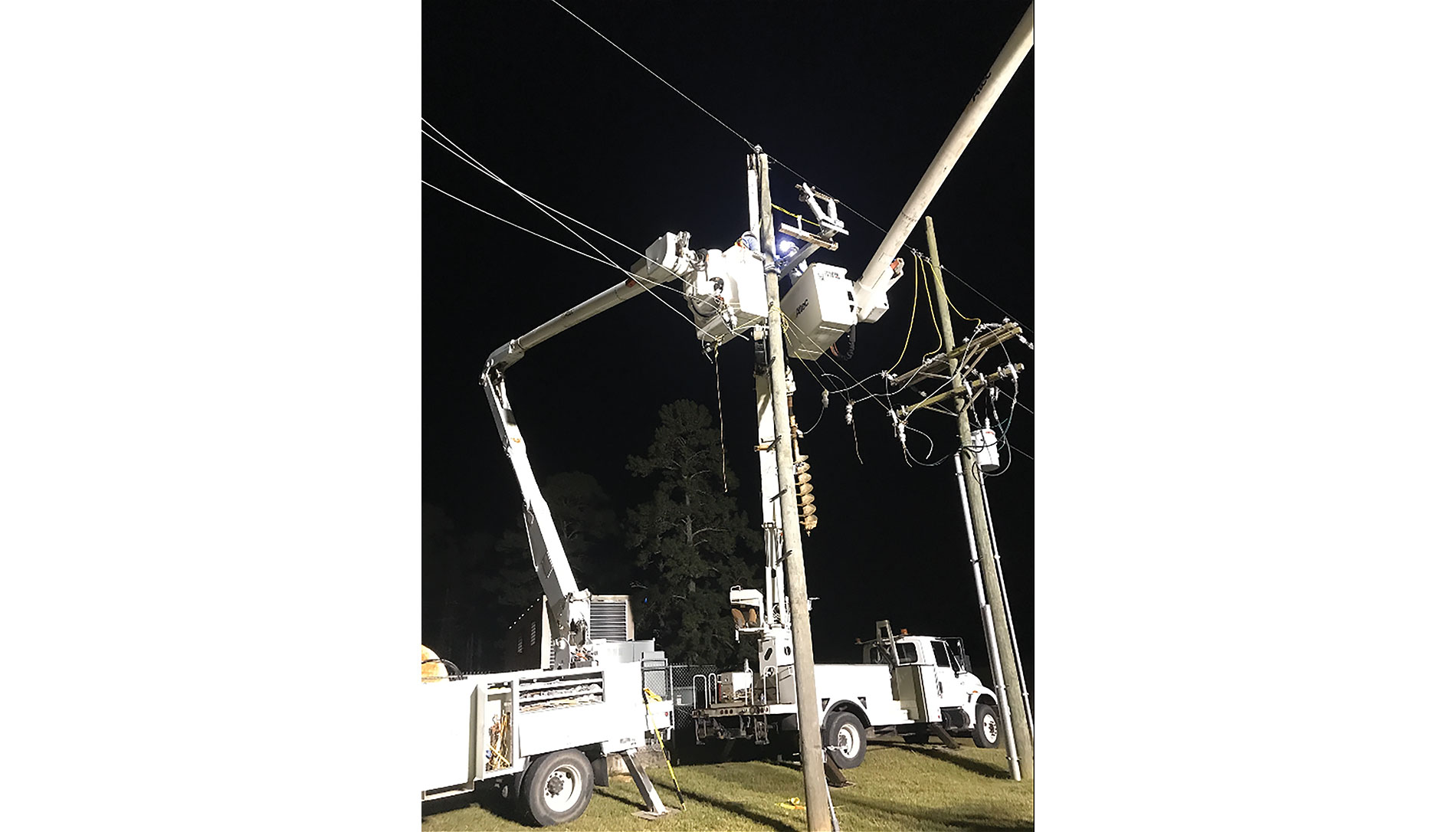 Trucks next to utility poles at night. Image by Buffalo Electric Inc.