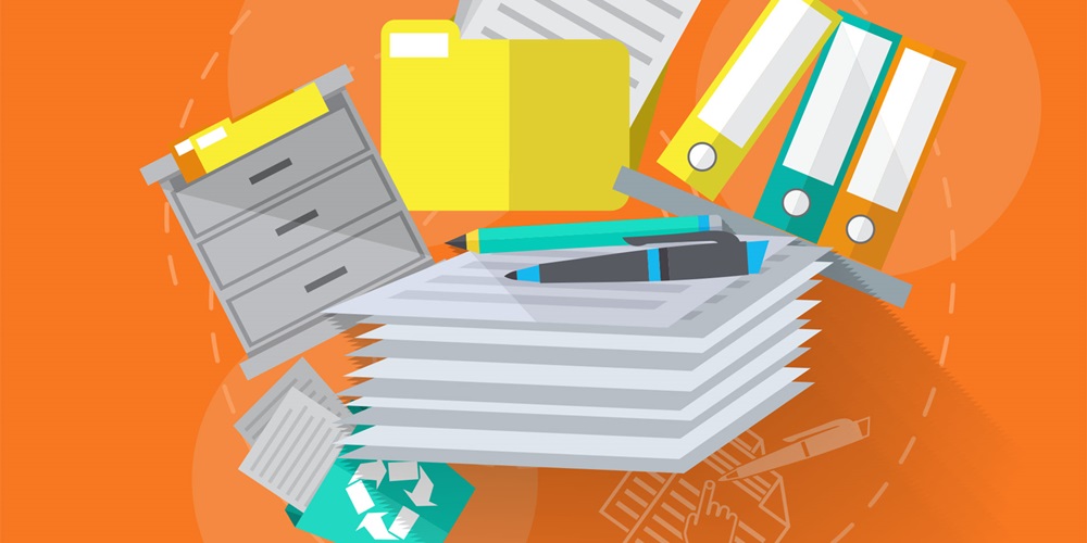 Illustration of paperwork, filing cabinets, binders, etc.