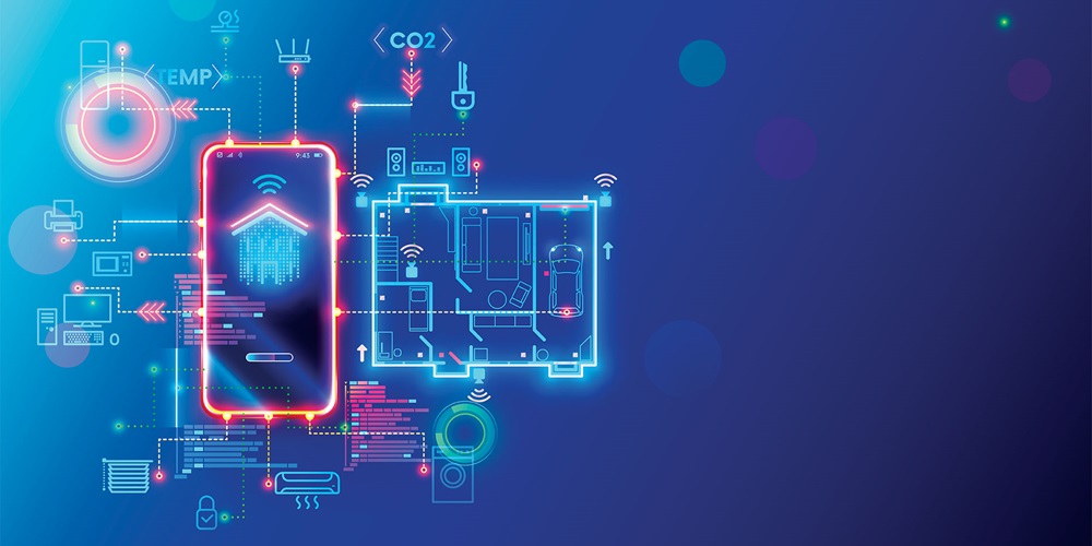 Diagram of a smartphone connected to various components of a smart home system, against a blue background