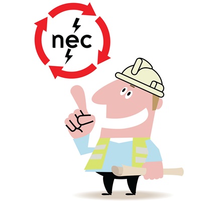 Illustration of a man in a hard hat and yellow safety vest, pointing up at a circle made of arrows surrounding "NEC" | iStock / Alashi / Shutterstock / Farik Gallery