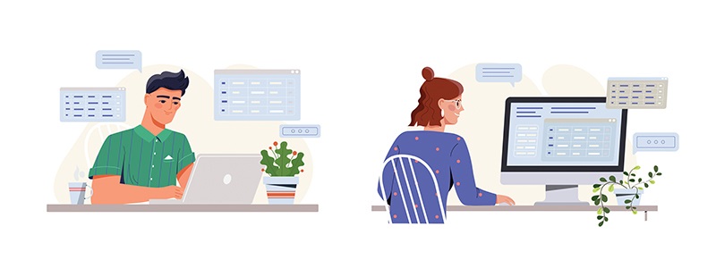 drawing of a man and a woman working at a computer