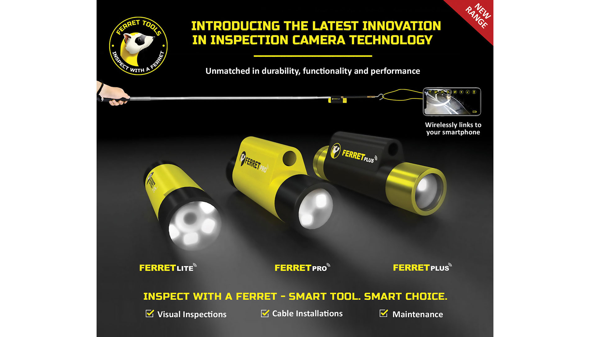 Ad with black background and black and yellow flashlight cameras and the Ferret Tools logo. Image by Ferret Tools.