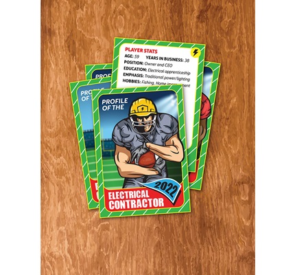 Faux baseball cards reading "Profile of the Electrical Contractor" on top of a wooden table. Image by Shutterstock / iadams / primopiano / stock.adobe.com / Fand / koson_thamai.