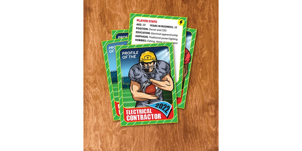 Faux baseball cards reading "Profile of the Electrical Contractor" on top of a wooden table. Image by Shutterstock / iadams / primopiano / stock.adobe.com / Fand / koson_thamai.